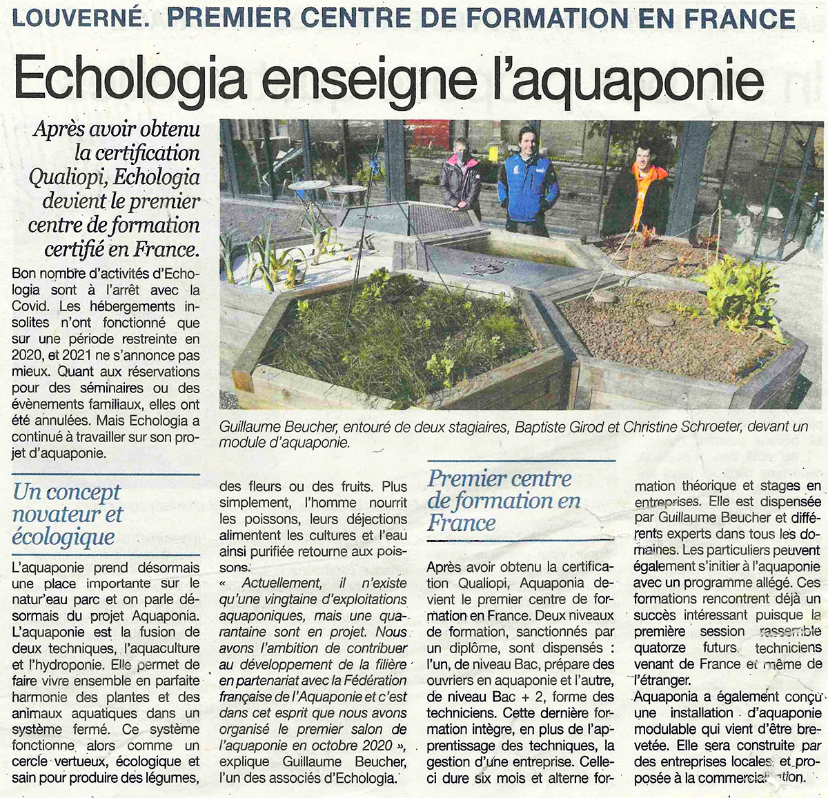 2021 03 18 Courrier de la Mayenne Echologia Aquaponia 1er centre de formation aquaponie Qualiopi 1200px